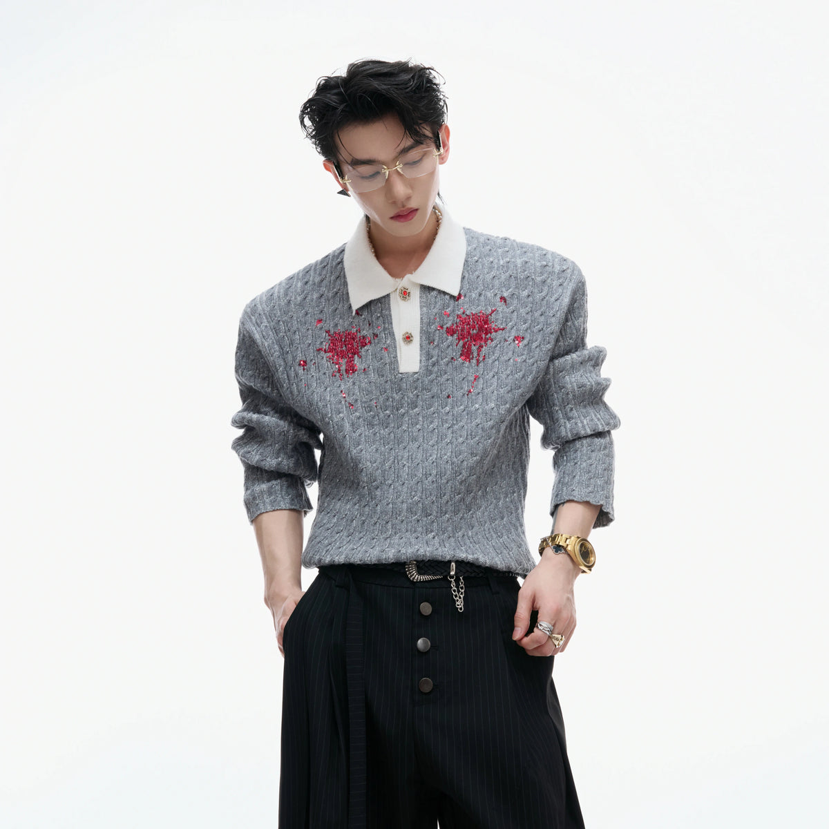 Retro Contrast Sequin Collared Cotton Sweater - main image 3