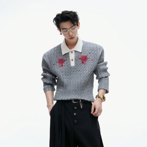 Retro Contrast Sequin Collared Cotton Sweater - main image 3