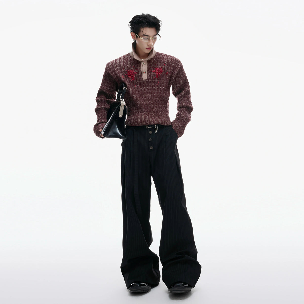 Retro Contrast Sequin Collared Cotton Sweater - main image 5