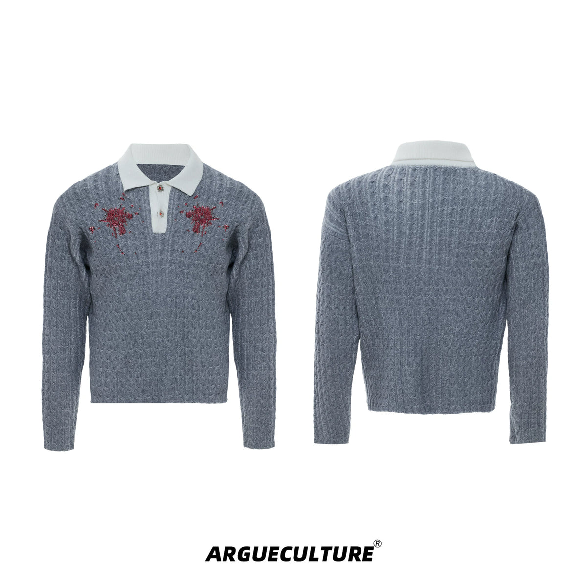 Retro Contrast Sequin Collared Cotton Sweater - Gray Top