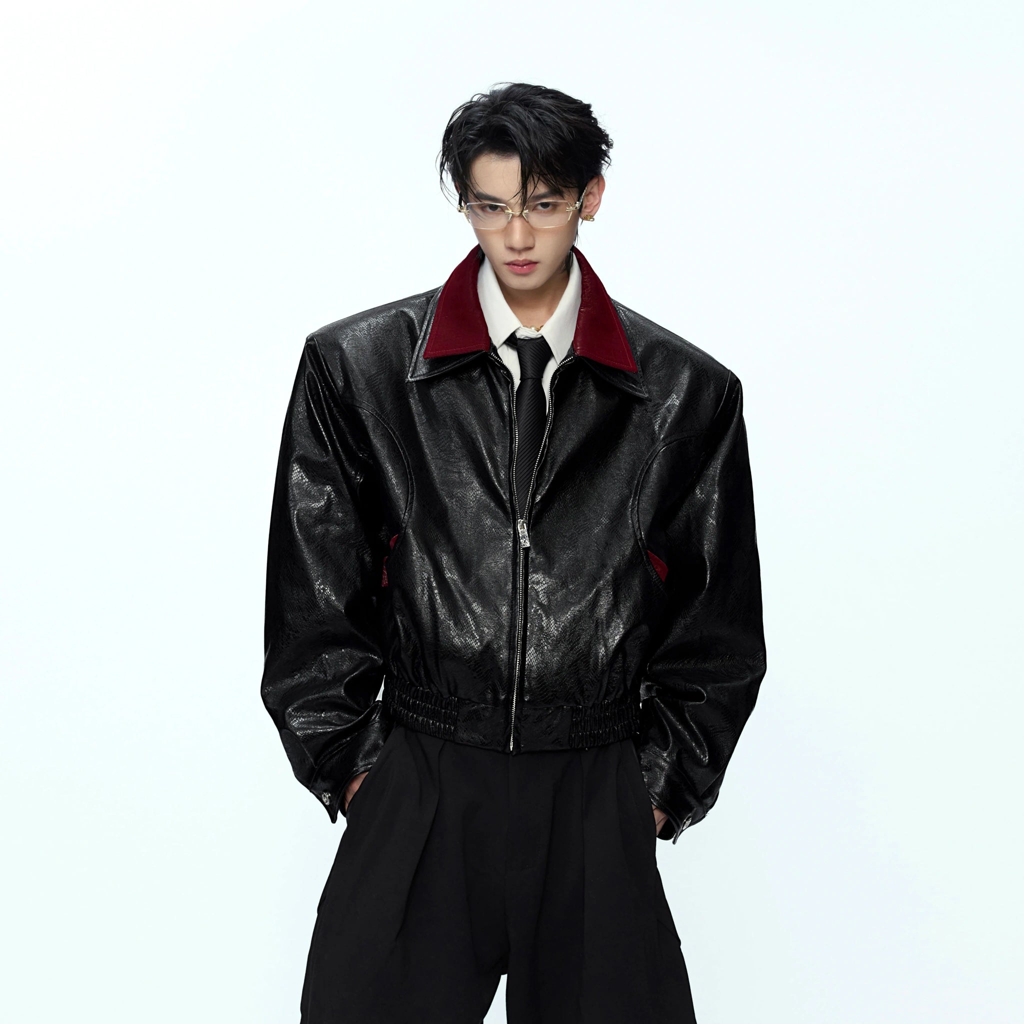 Contrast Snakeskin-Texture PU Jacket with Lapel - main image 2