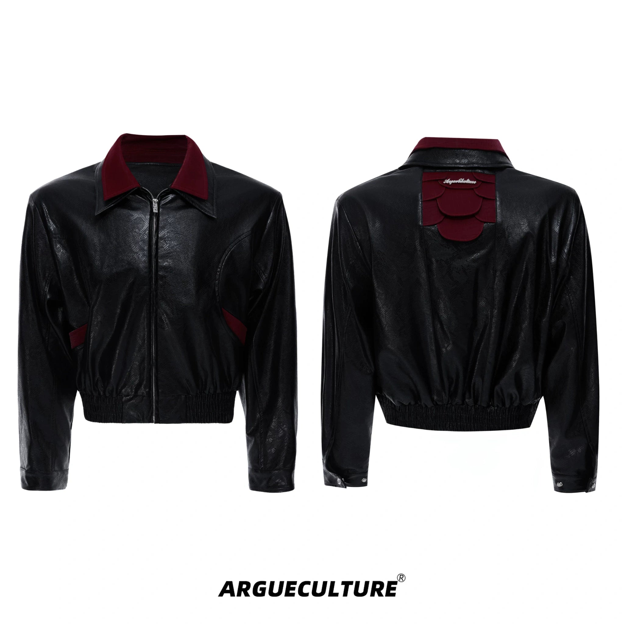 Contrast Snakeskin-Texture PU Jacket with Lapel - Black
