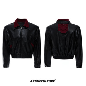Contrast Snakeskin-Texture PU Jacket with Lapel - Black