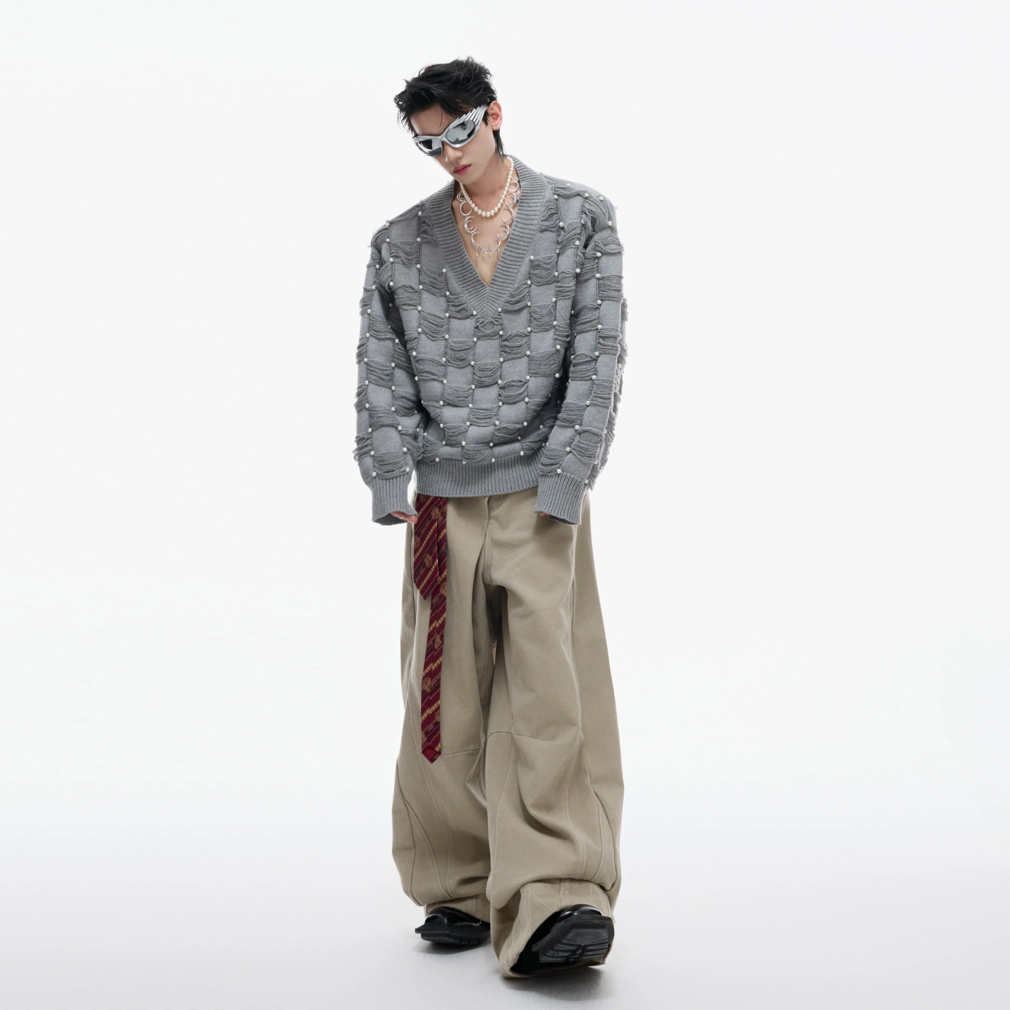 Pearl-Accent V-Neck Cotton Sweater | Unisex Knitwear - main image 4
