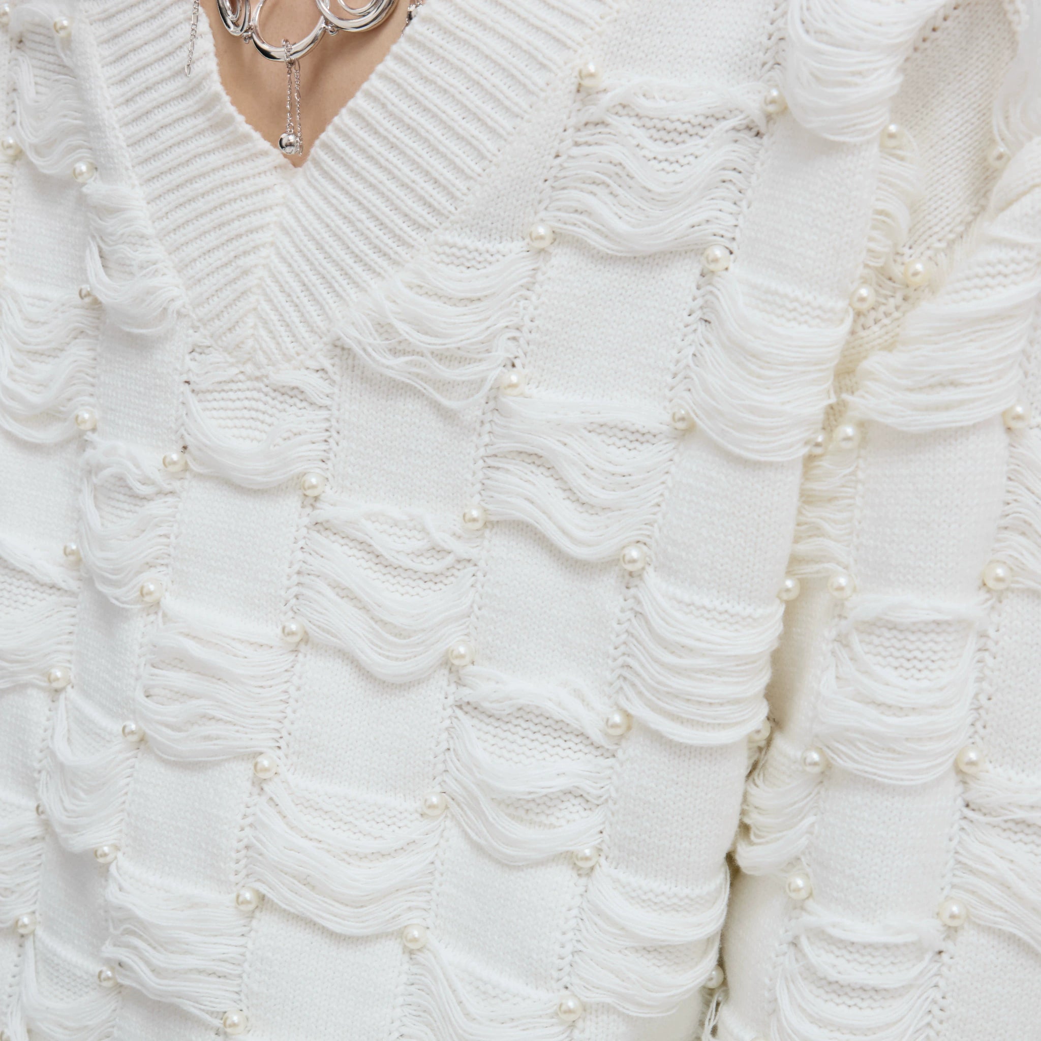 Pearl-Accent V-Neck Cotton Sweater | Unisex Knitwear - main image 5