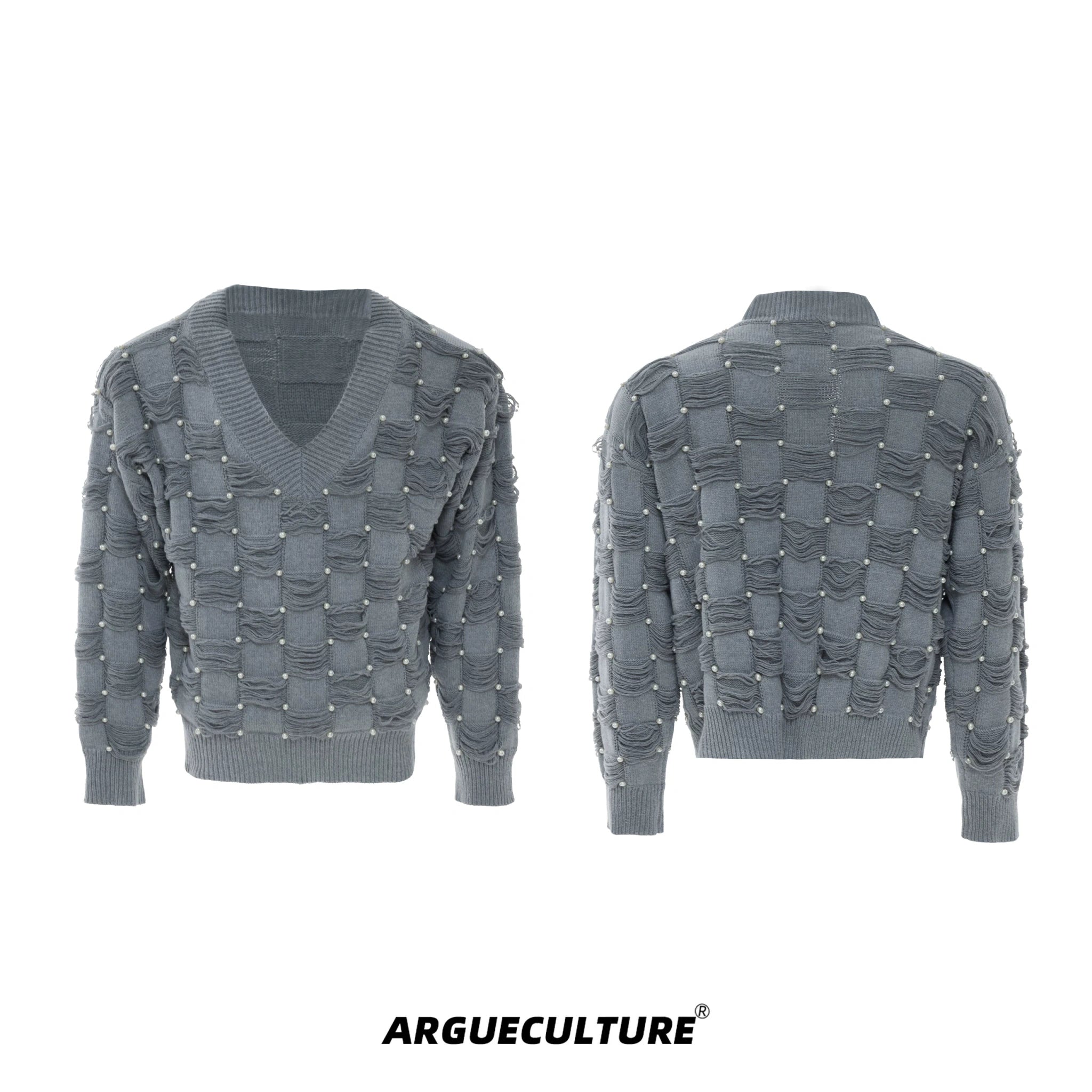 Pearl-Accent V-Neck Cotton Sweater | Unisex Knitwear - Gray Top