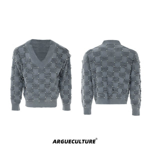 Pearl-Accent V-Neck Cotton Sweater | Unisex Knitwear - Gray Top