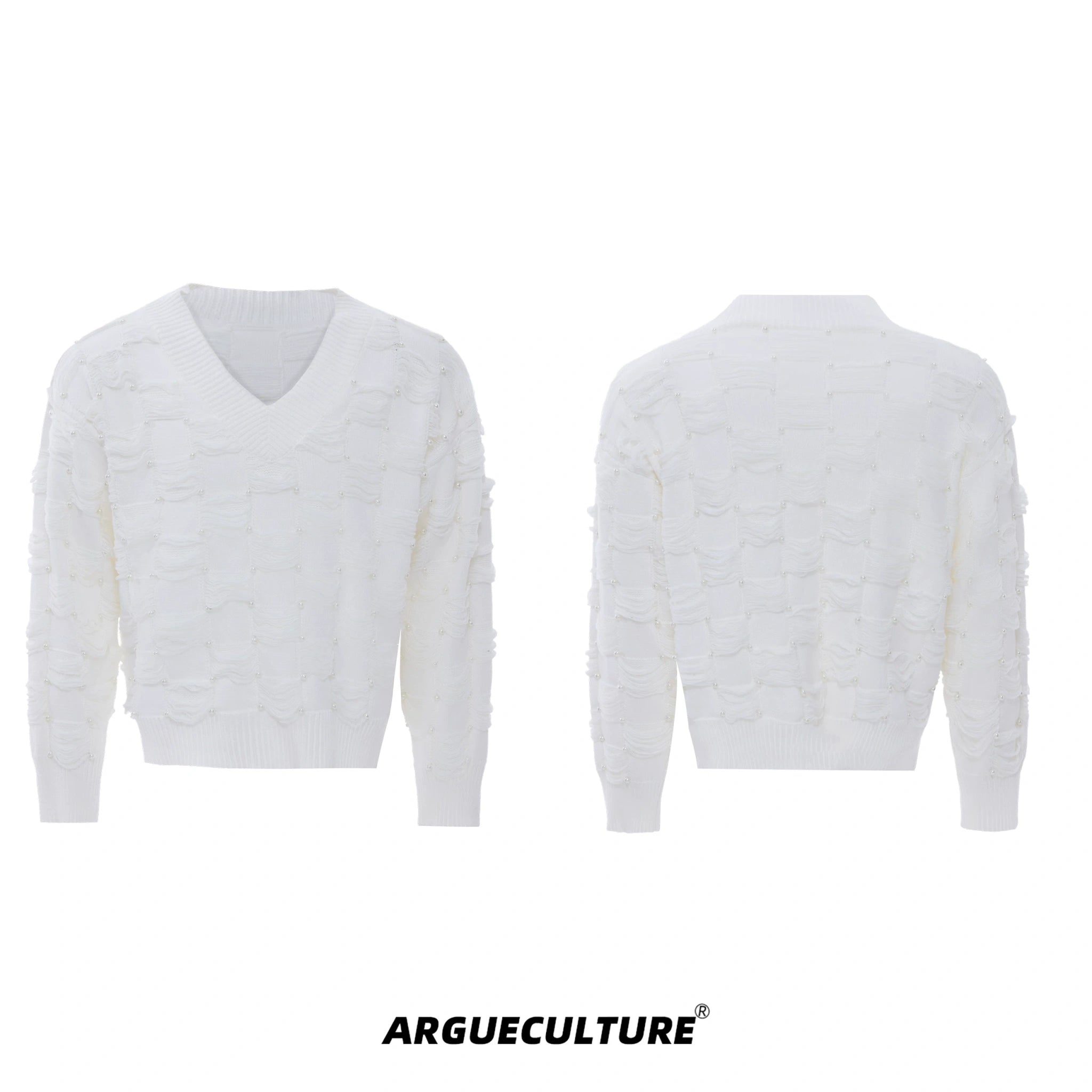 Pearl-Accent V-Neck Cotton Sweater | Unisex Knitwear - White Top