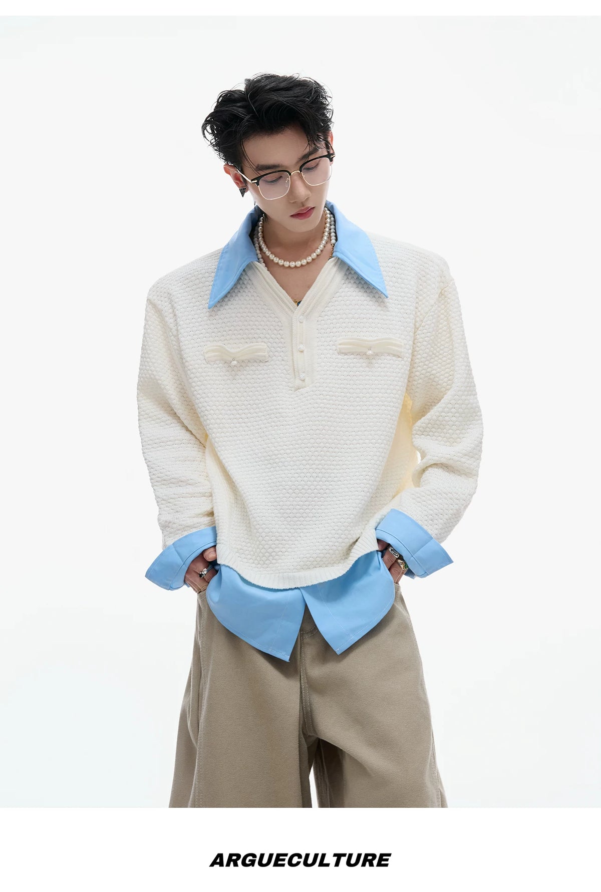 Color-Blocked Faux-Layer Knit Sweater | Unisex Style - description image 9