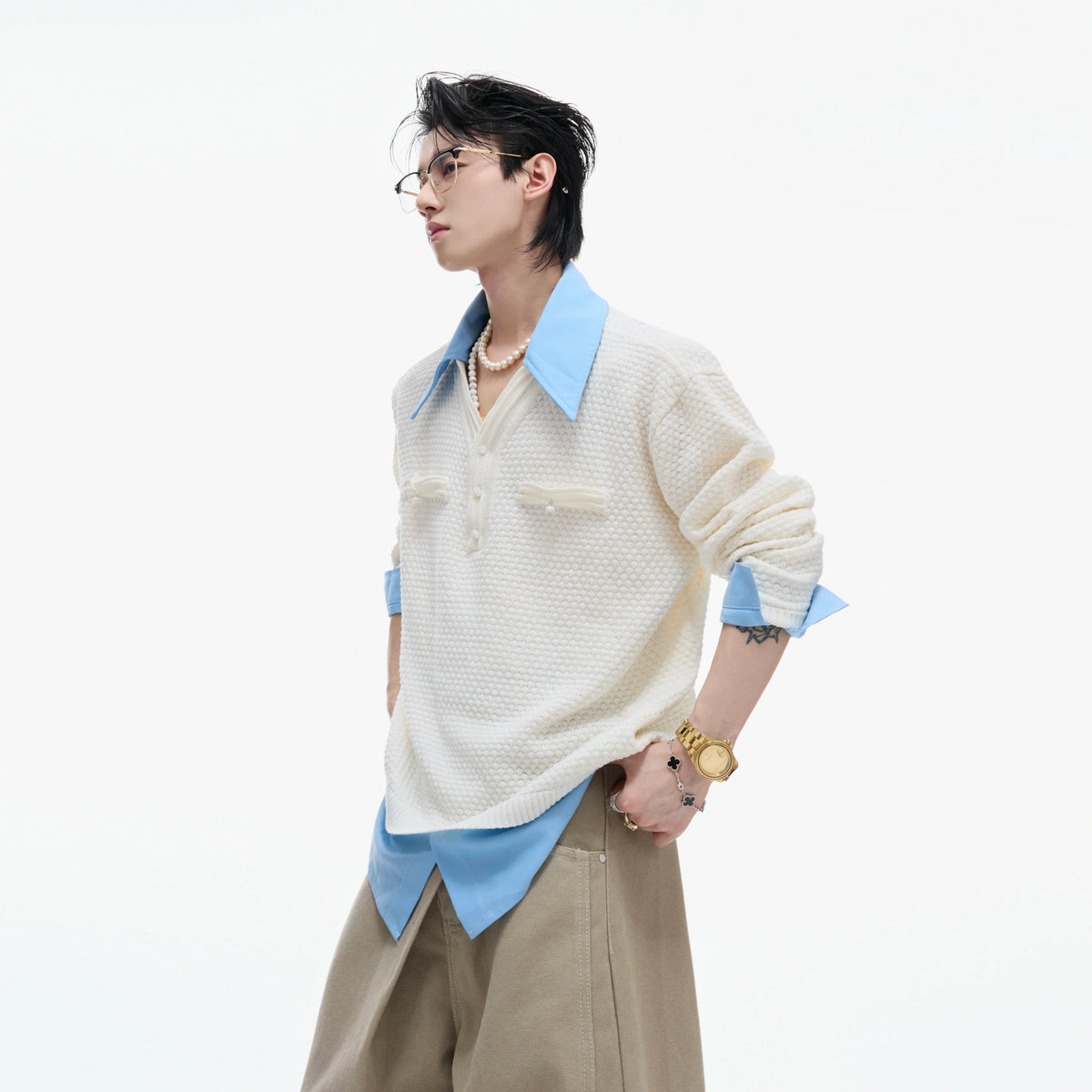 Color-Blocked Faux-Layer Knit Sweater | Unisex Style - main image 3