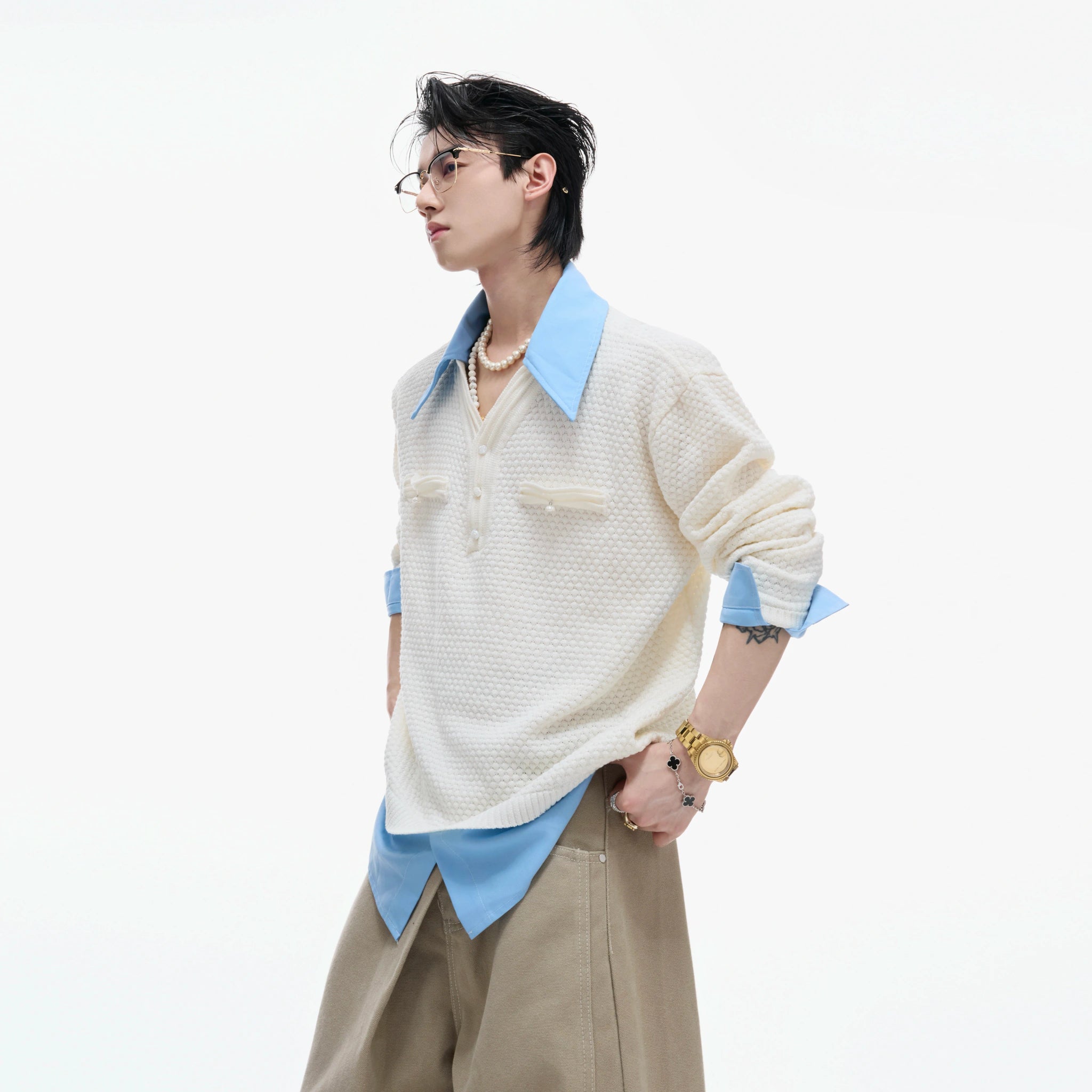 Color-Blocked Faux-Layer Knit Sweater | Unisex Style - main image 3