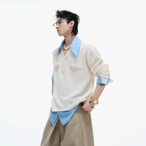Color-Blocked Faux-Layer Knit Sweater | Unisex Style - main image 3