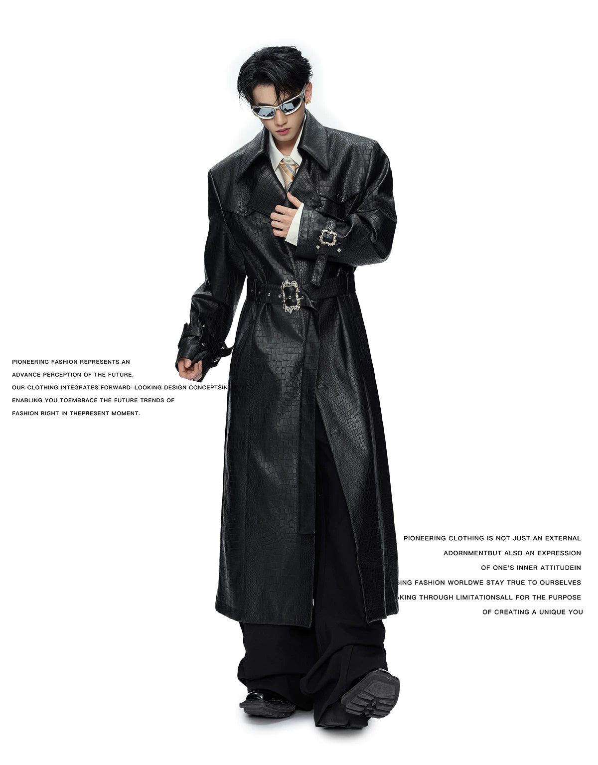 Crocodile-Texture Faux Leather Long Trench Coat - description image 3