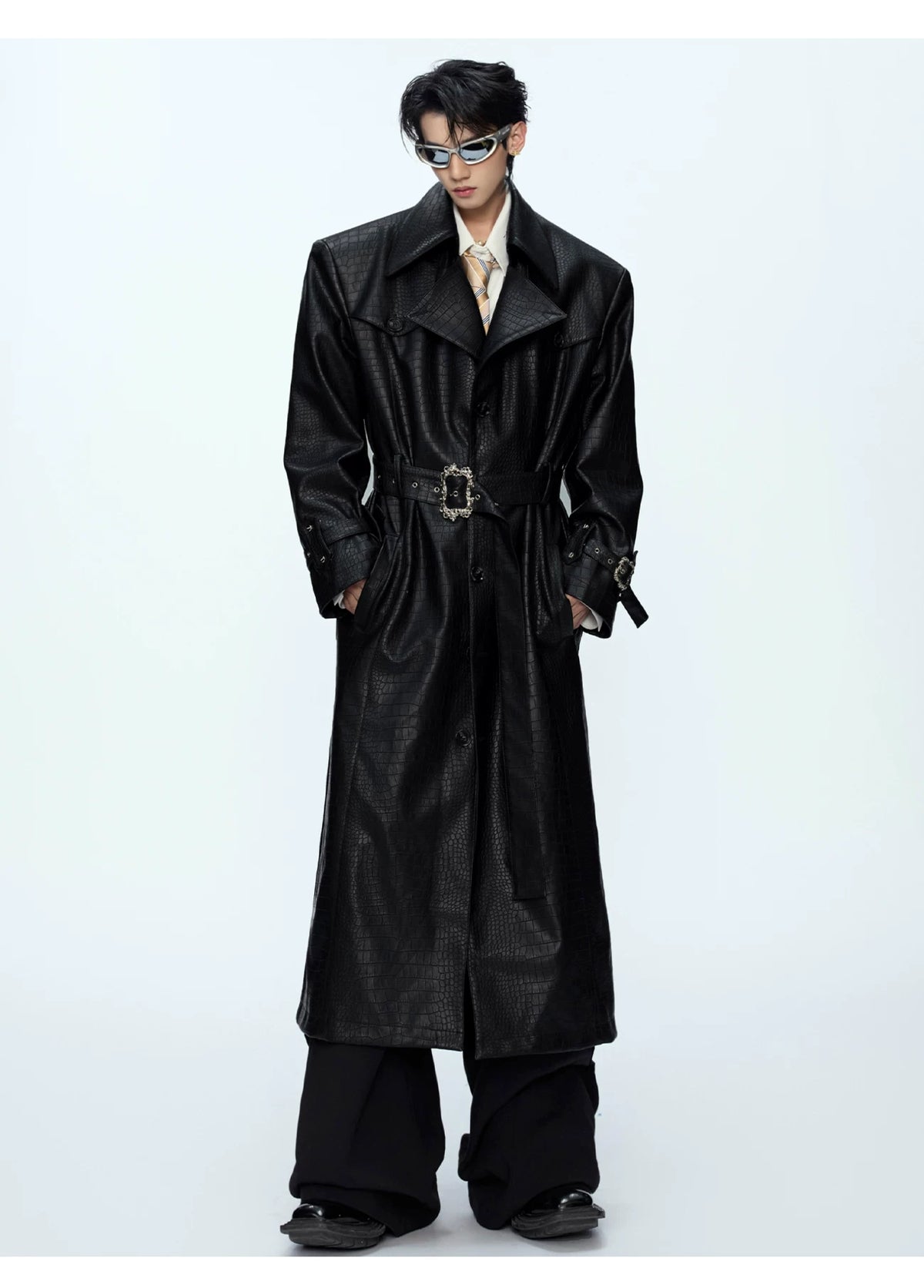 Crocodile-Texture Faux Leather Long Trench Coat - description image 4