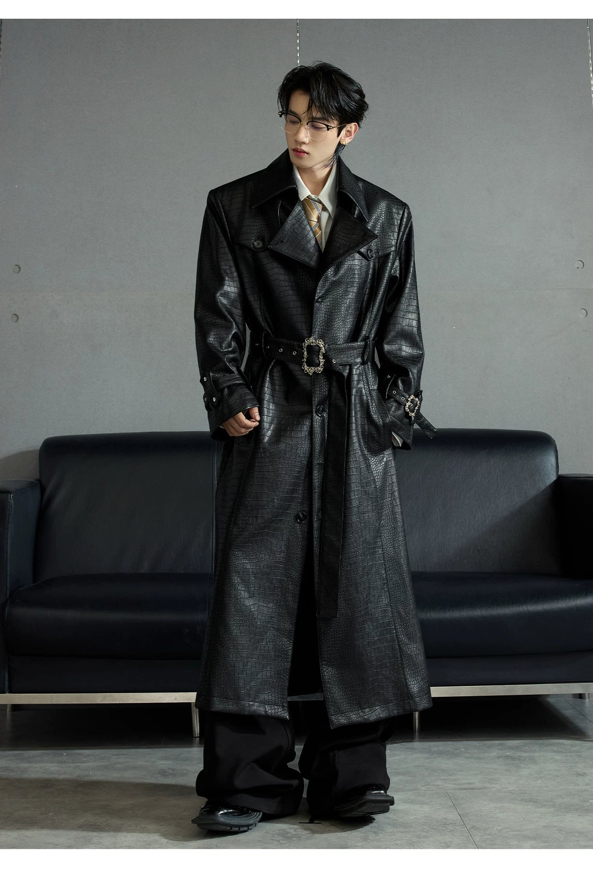 Crocodile-Texture Faux Leather Long Trench Coat - description image 5