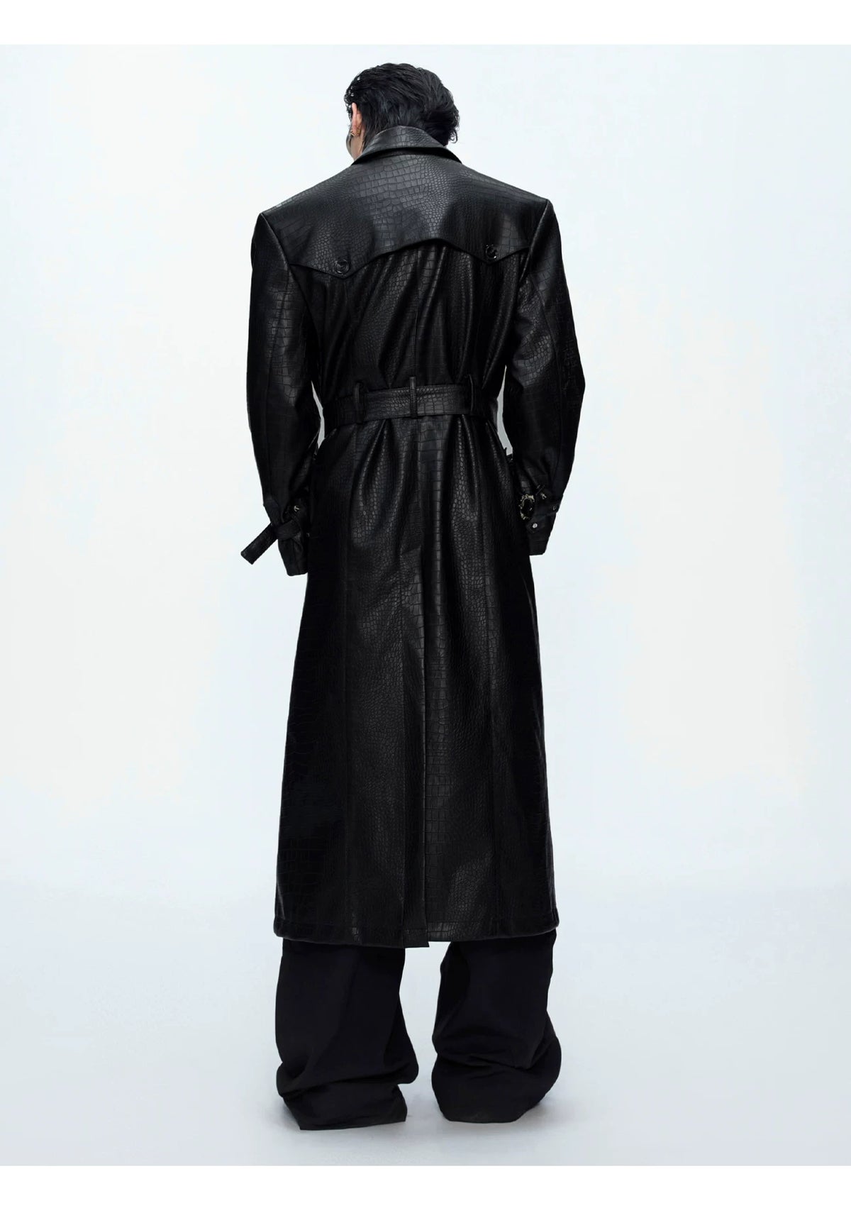 Crocodile-Texture Faux Leather Long Trench Coat - description image 6