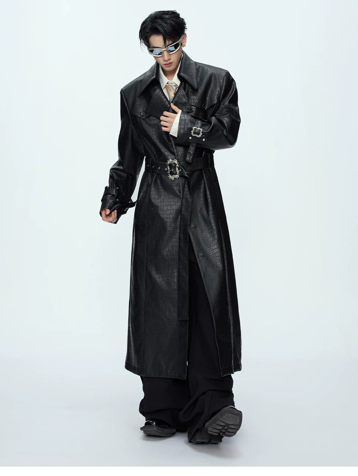Crocodile-Texture Faux Leather Long Trench Coat - description image 7