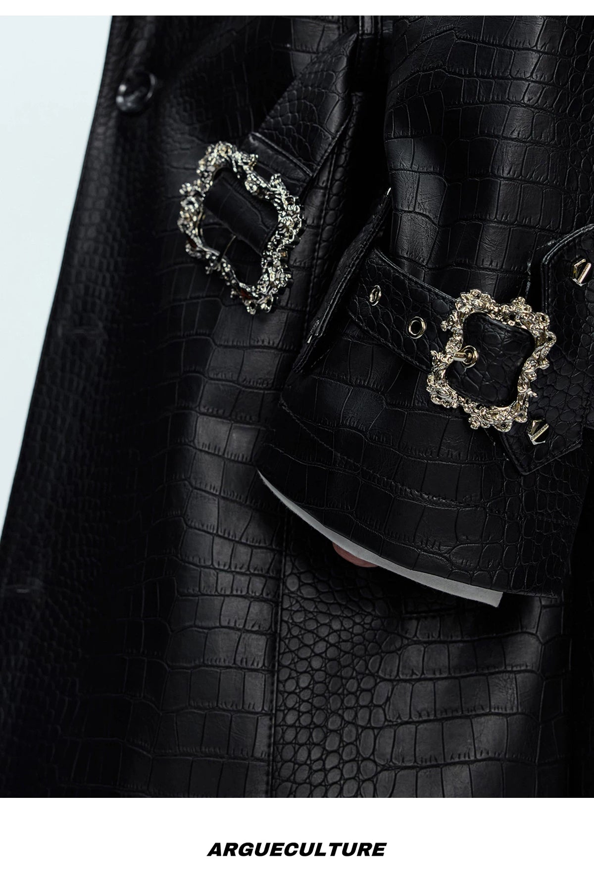 Crocodile-Texture Faux Leather Long Trench Coat - description image 8