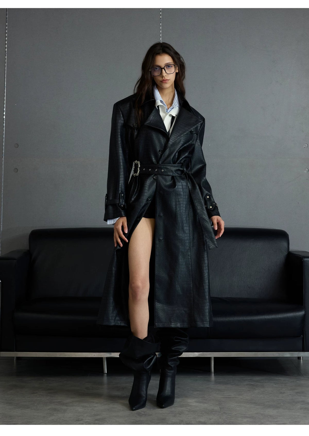 Crocodile-Texture Faux Leather Long Trench Coat - description image 9
