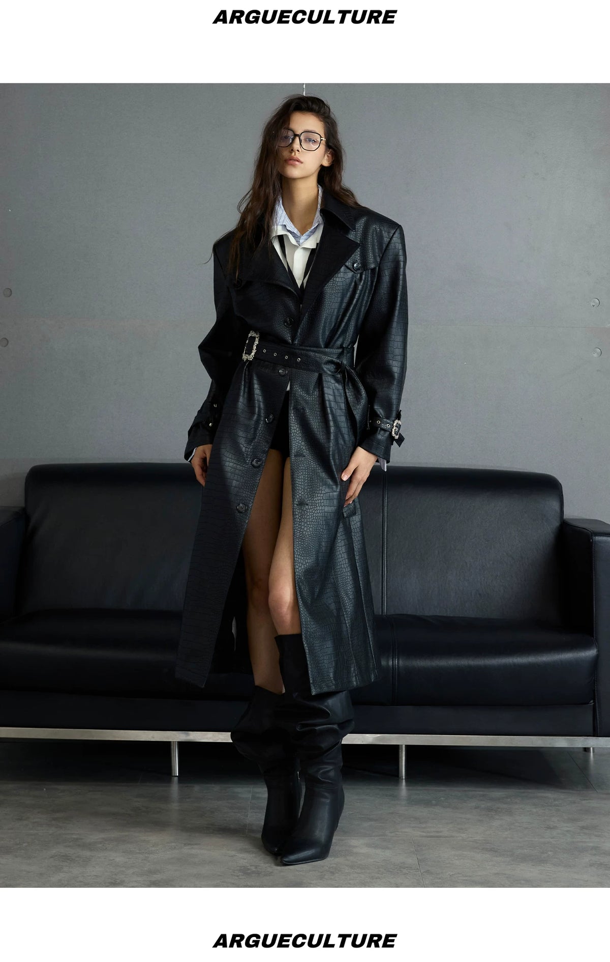 Crocodile-Texture Faux Leather Long Trench Coat - description image 10
