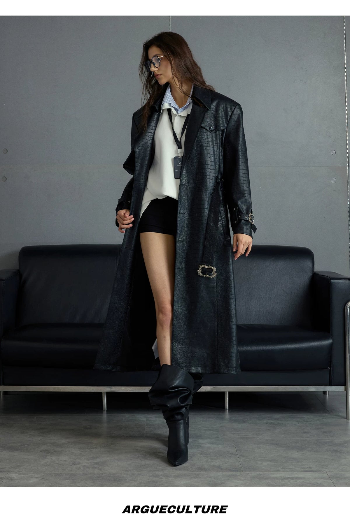 Crocodile-Texture Faux Leather Long Trench Coat - description image 11