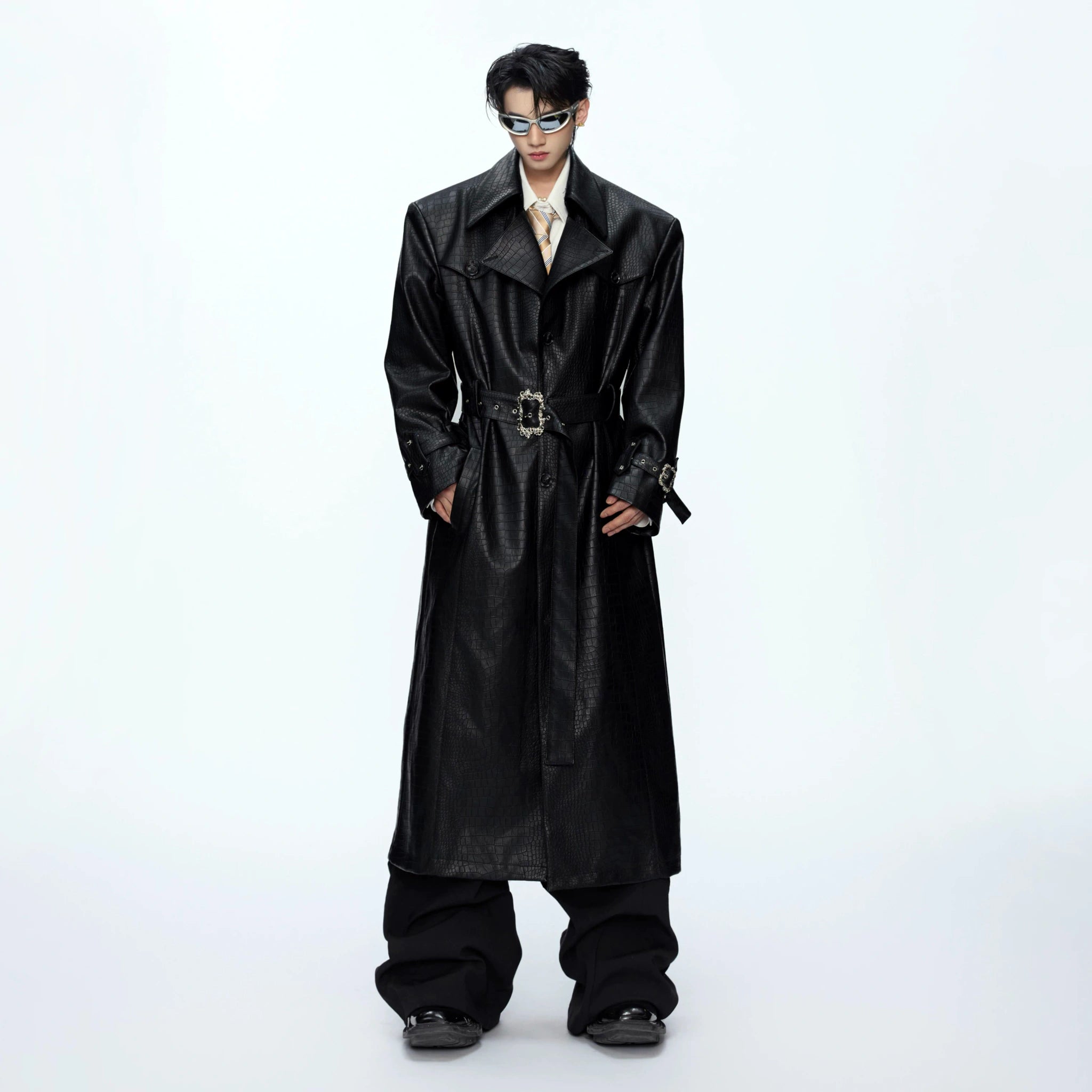 Crocodile-Texture Faux Leather Long Trench Coat - main image 1