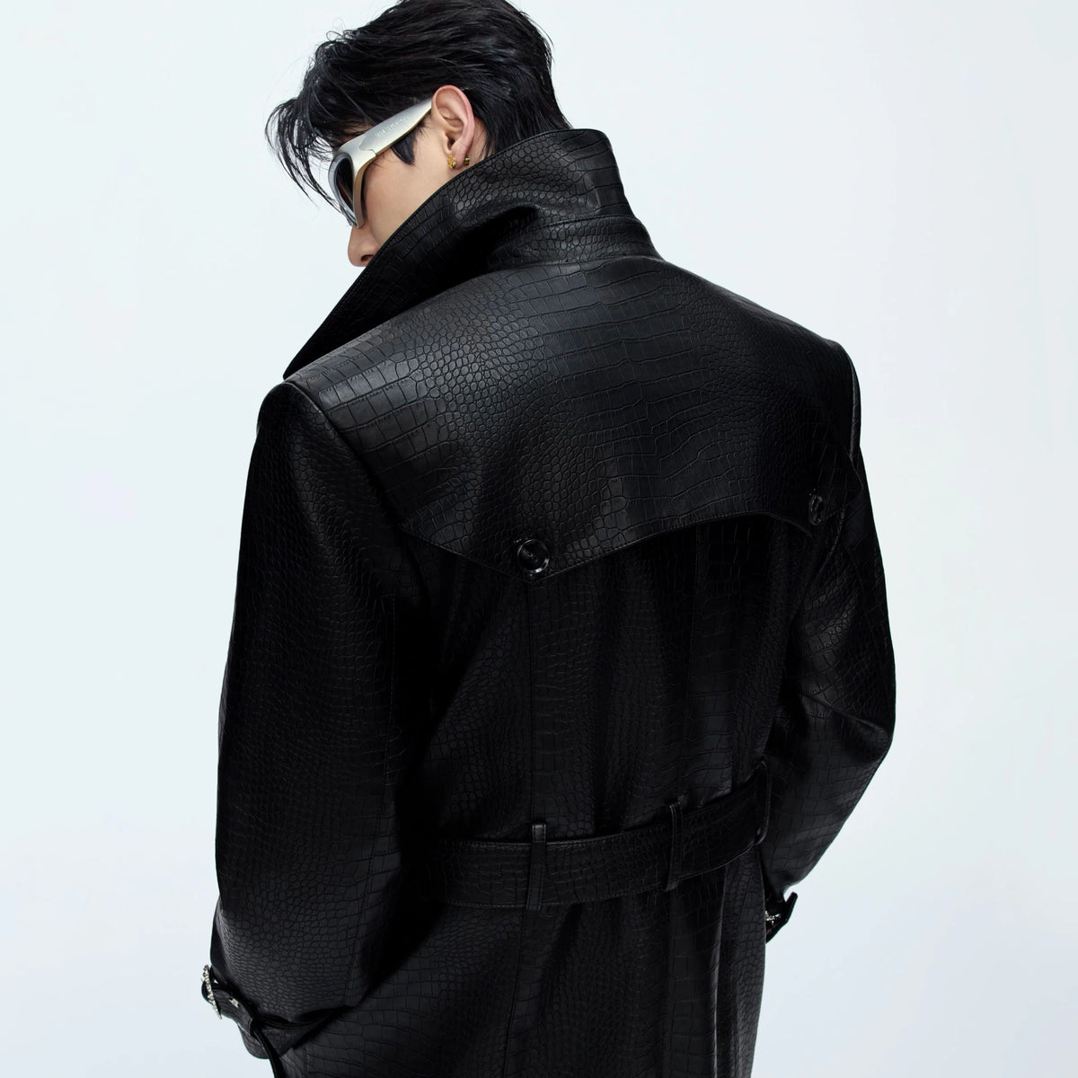 Crocodile-Texture Faux Leather Long Trench Coat - main image 3