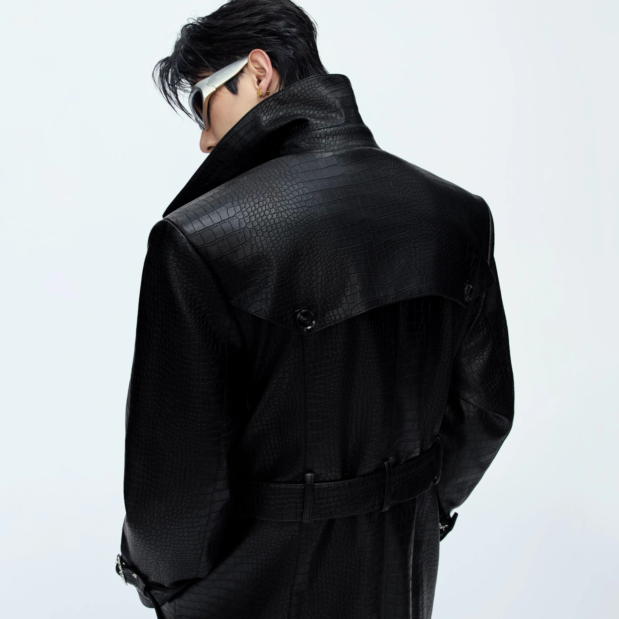 Crocodile-Texture Faux Leather Long Trench Coat - main image 3