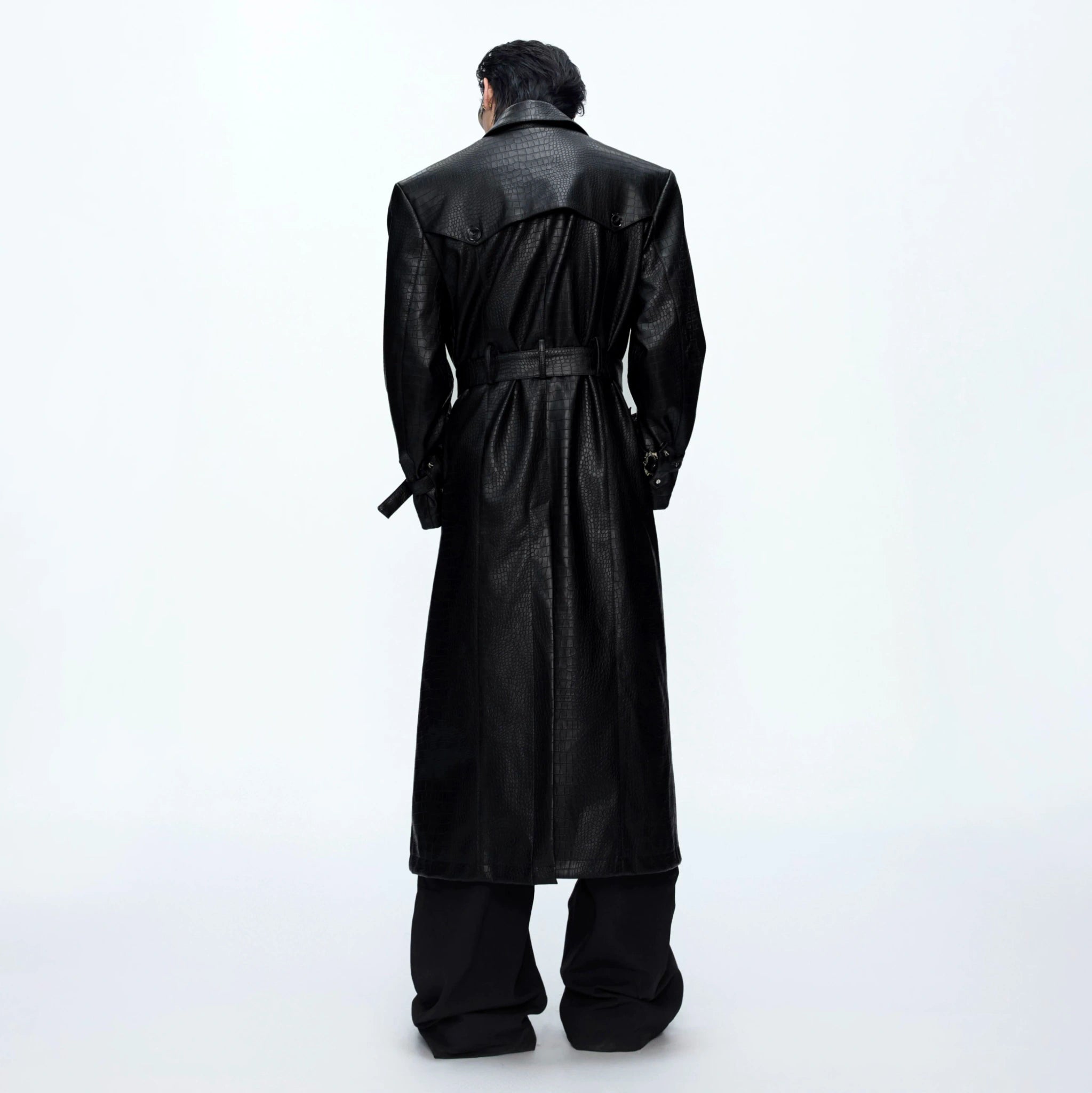 Crocodile-Texture Faux Leather Long Trench Coat - main image 4