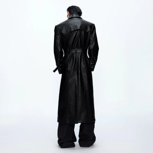 Crocodile-Texture Faux Leather Long Trench Coat - main image 4