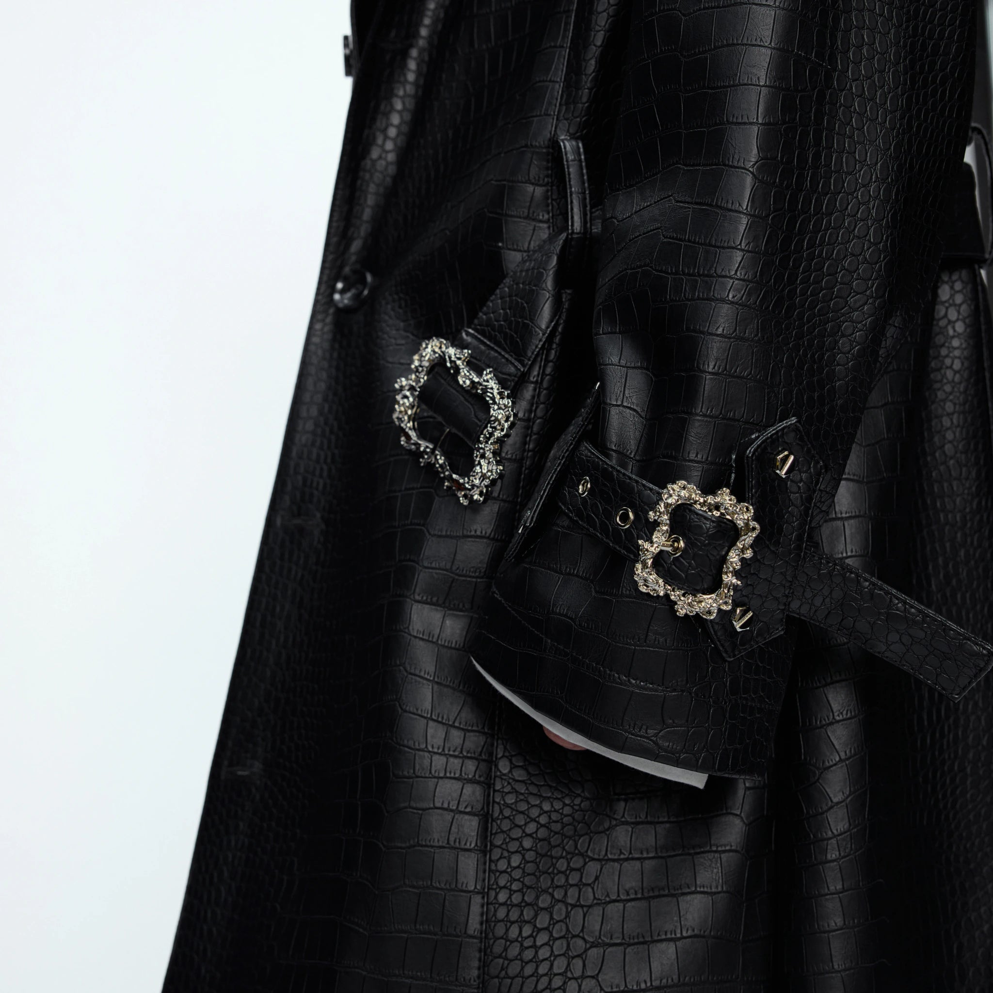 Crocodile-Texture Faux Leather Long Trench Coat - main image 5