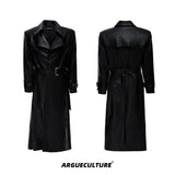 Crocodile-Texture Faux Leather Long Trench Coat - Black Top