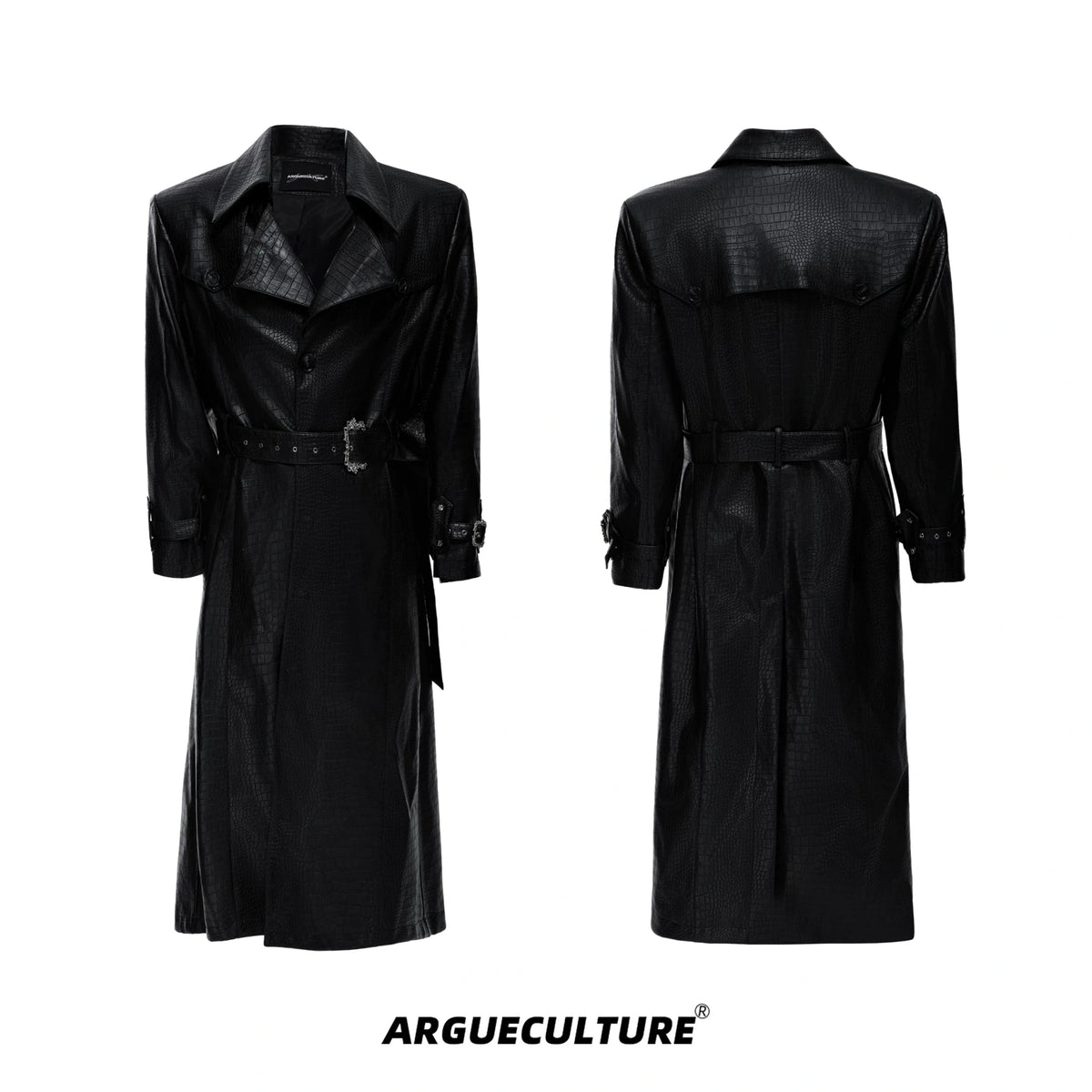 Crocodile-Texture Faux Leather Long Trench Coat - Black Top