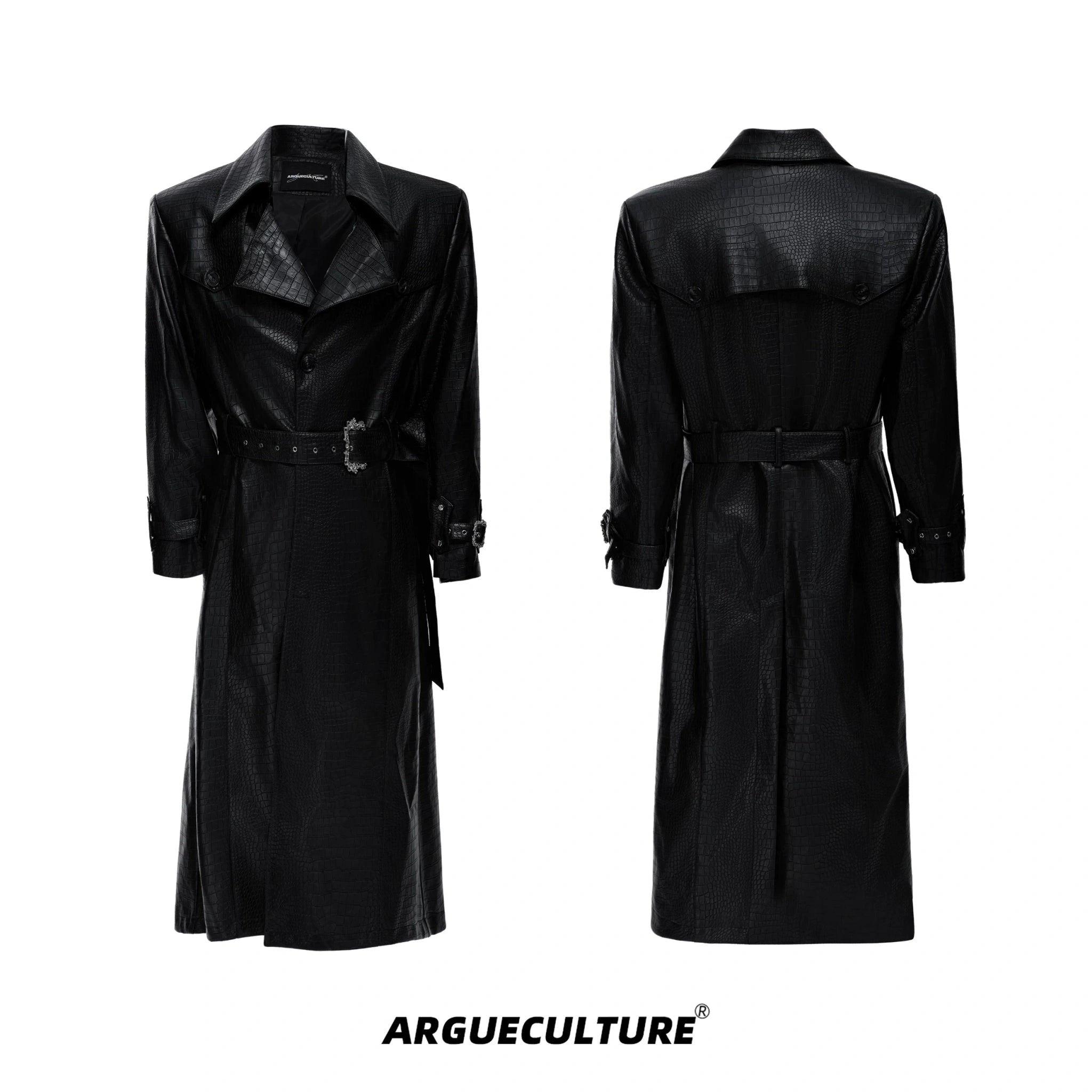 Crocodile-Texture Faux Leather Long Trench Coat - Black Top