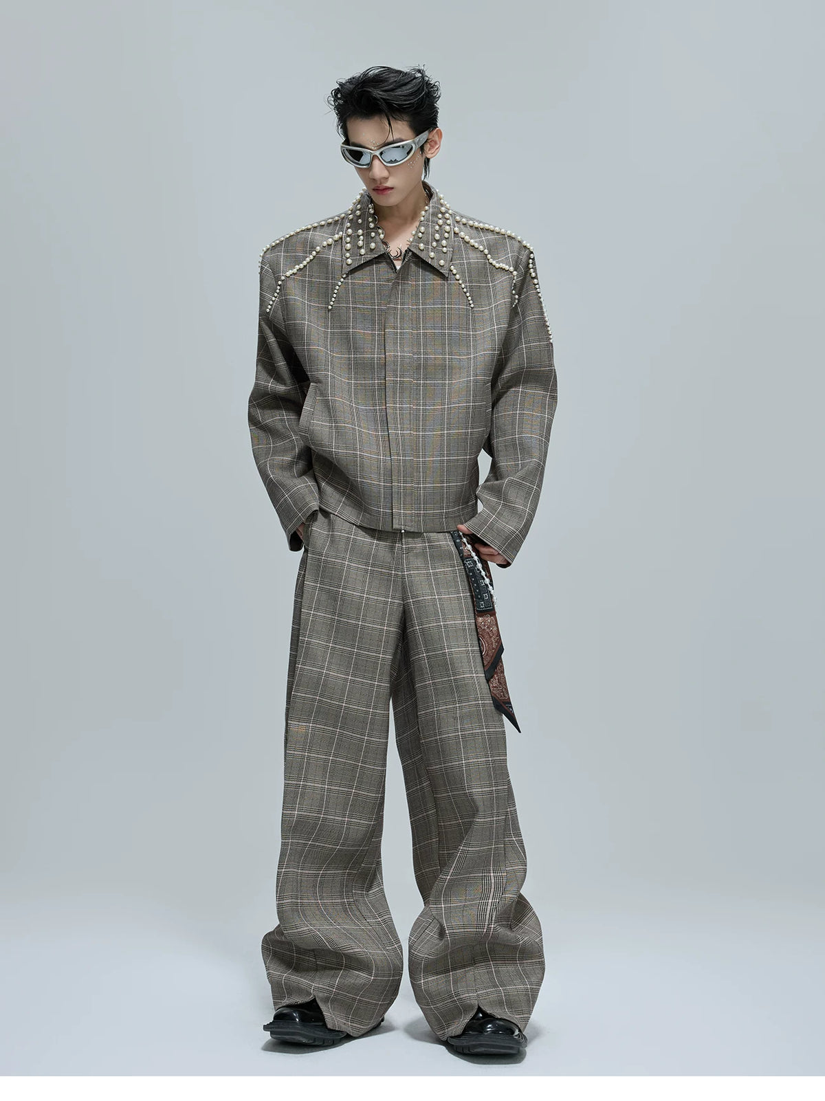 Relaxed Houndstooth Cropped Jacket and Trousers - description image 2