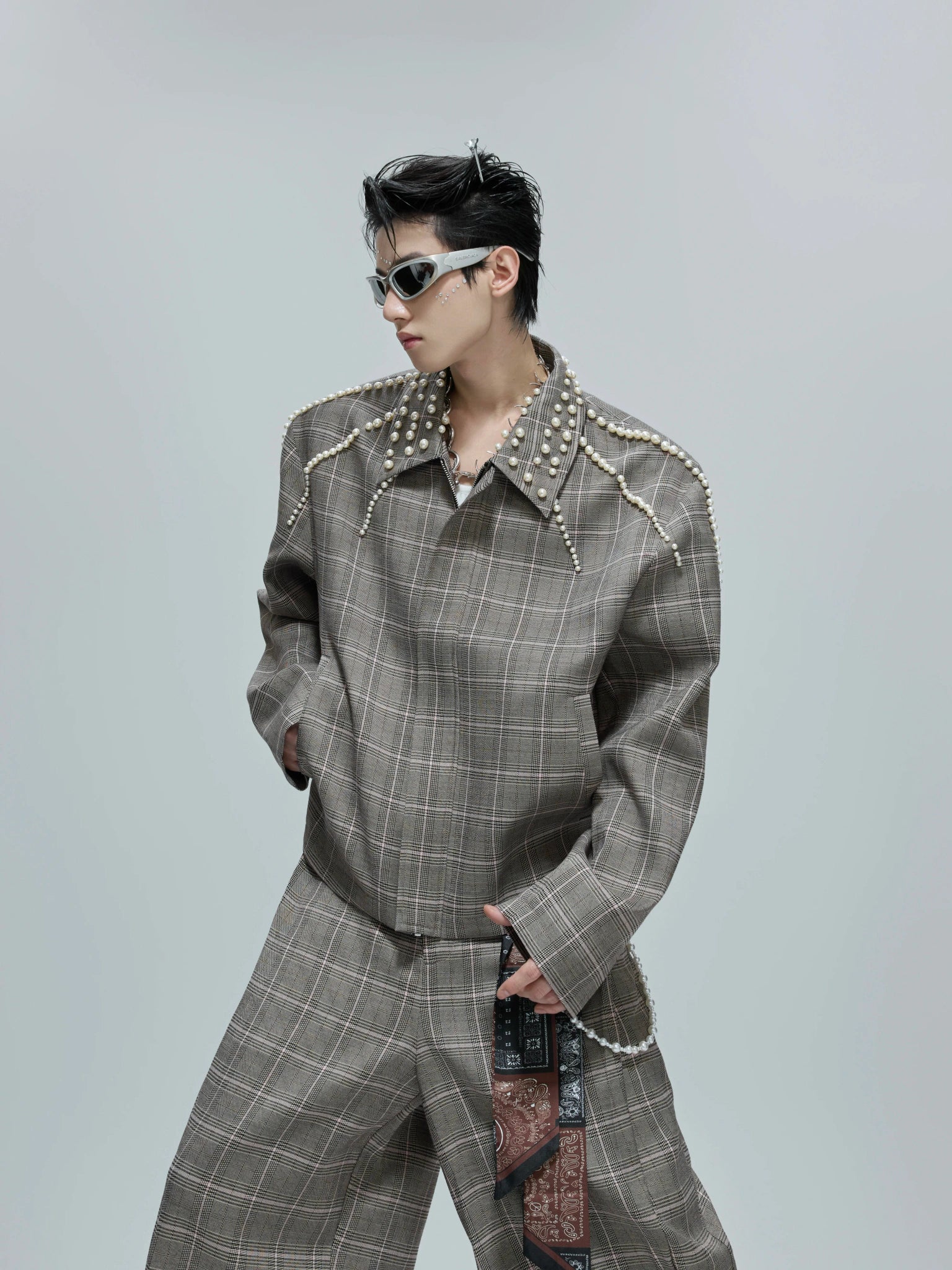 Relaxed Houndstooth Cropped Jacket and Trousers - Brown Top