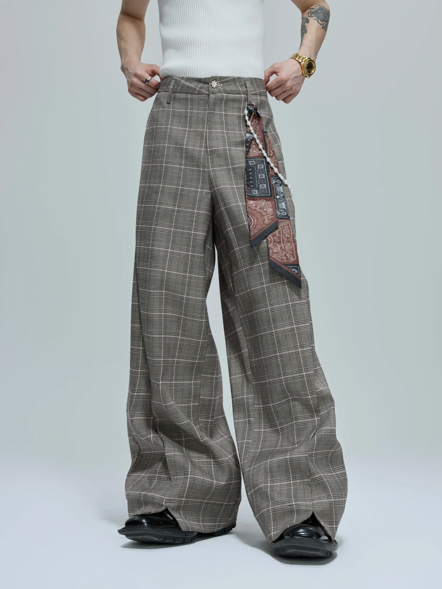 Relaxed Houndstooth Cropped Jacket and Trousers - Brown Pants