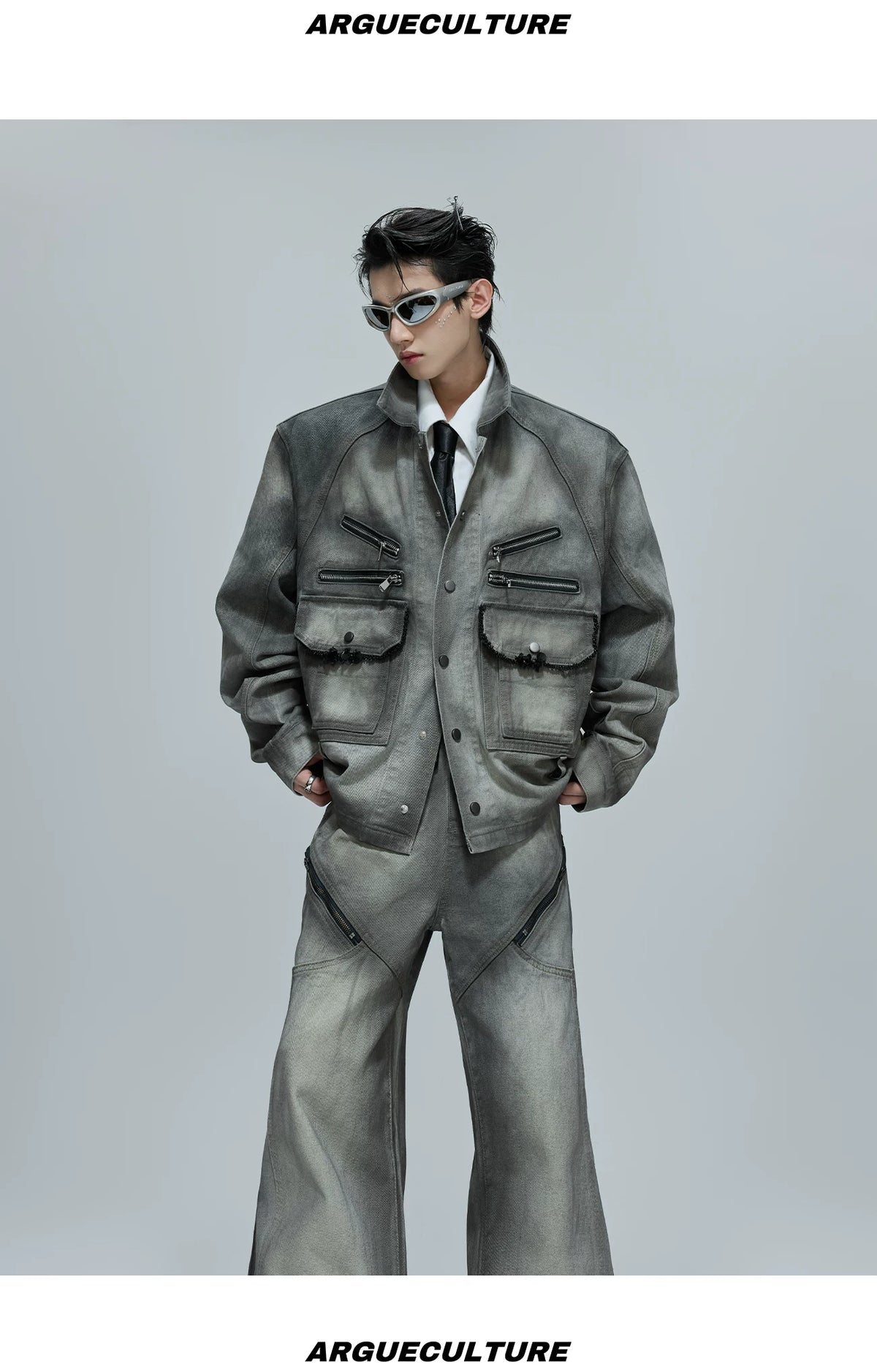 Cement Gray Denim Jacket & Flare Pants | Cotton - description image 2
