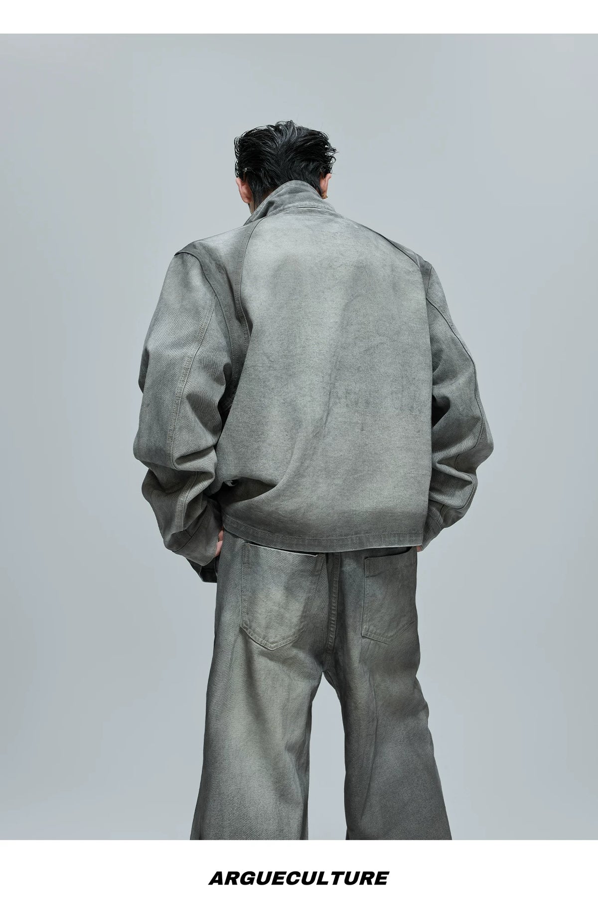 Cement Gray Denim Jacket & Flare Pants | Cotton - description image 3