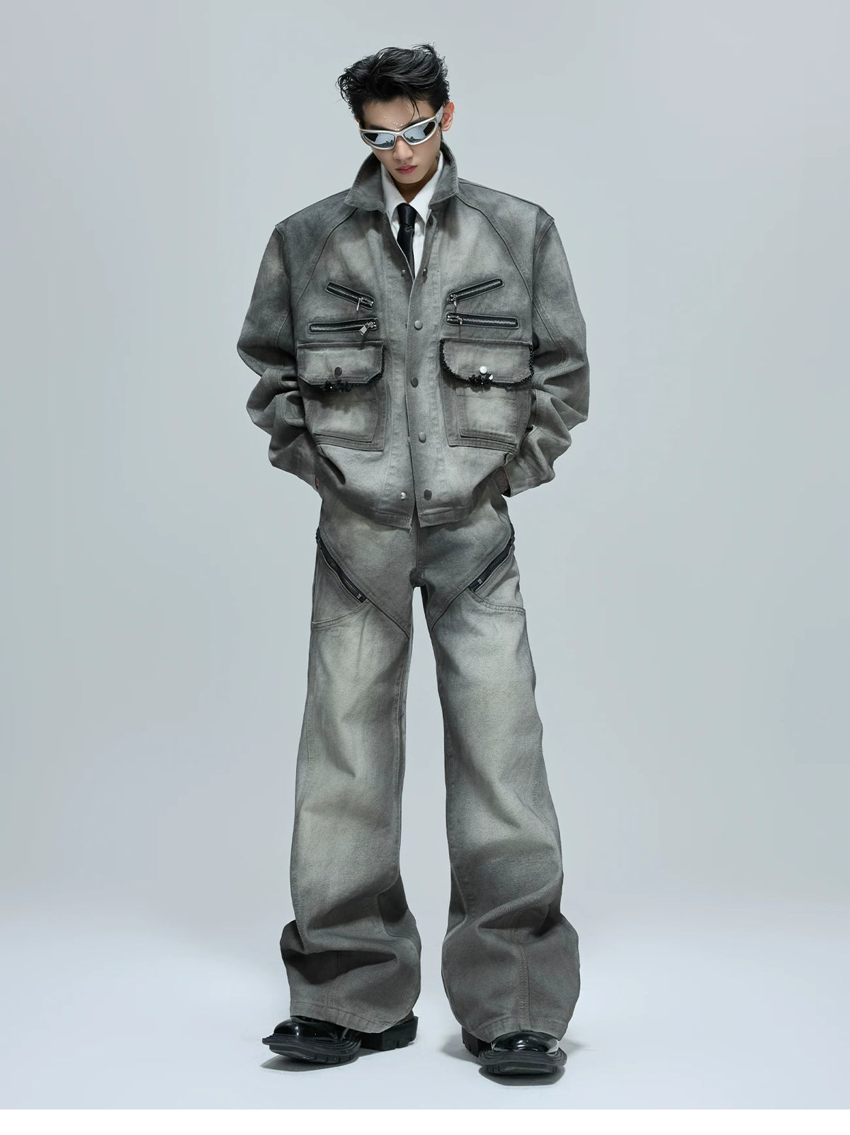 Cement Gray Denim Jacket & Flare Pants | Cotton - description image 4