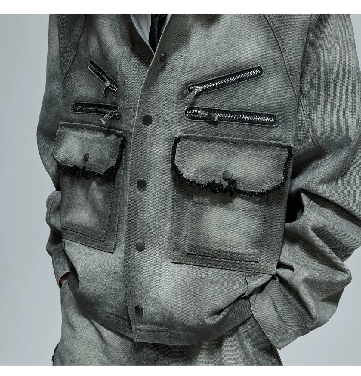 Cement Gray Denim Jacket & Flare Pants | Cotton - description image 5