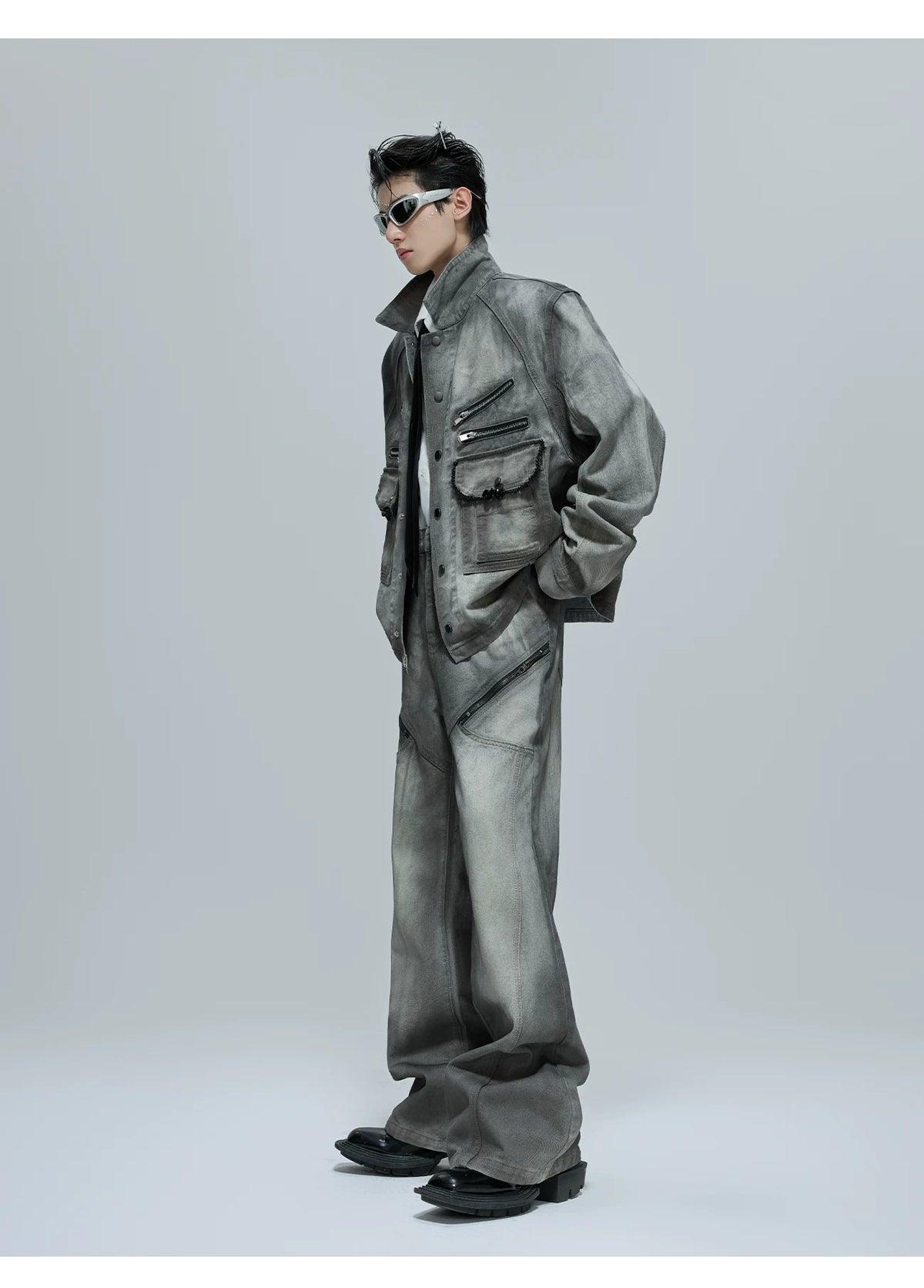 Cement Gray Denim Jacket & Flare Pants | Cotton - description image 6