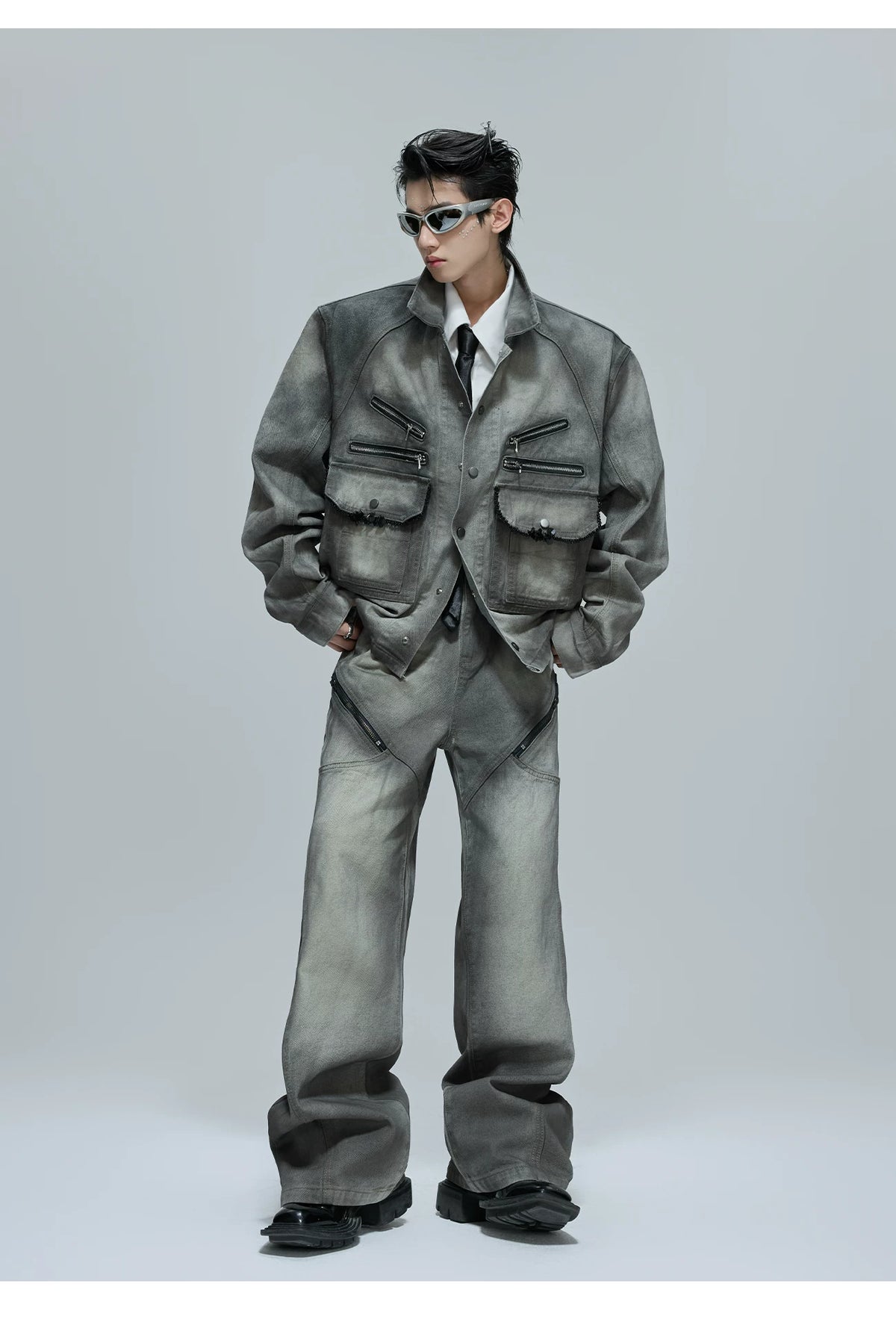 Cement Gray Denim Jacket & Flare Pants | Cotton - description image 7
