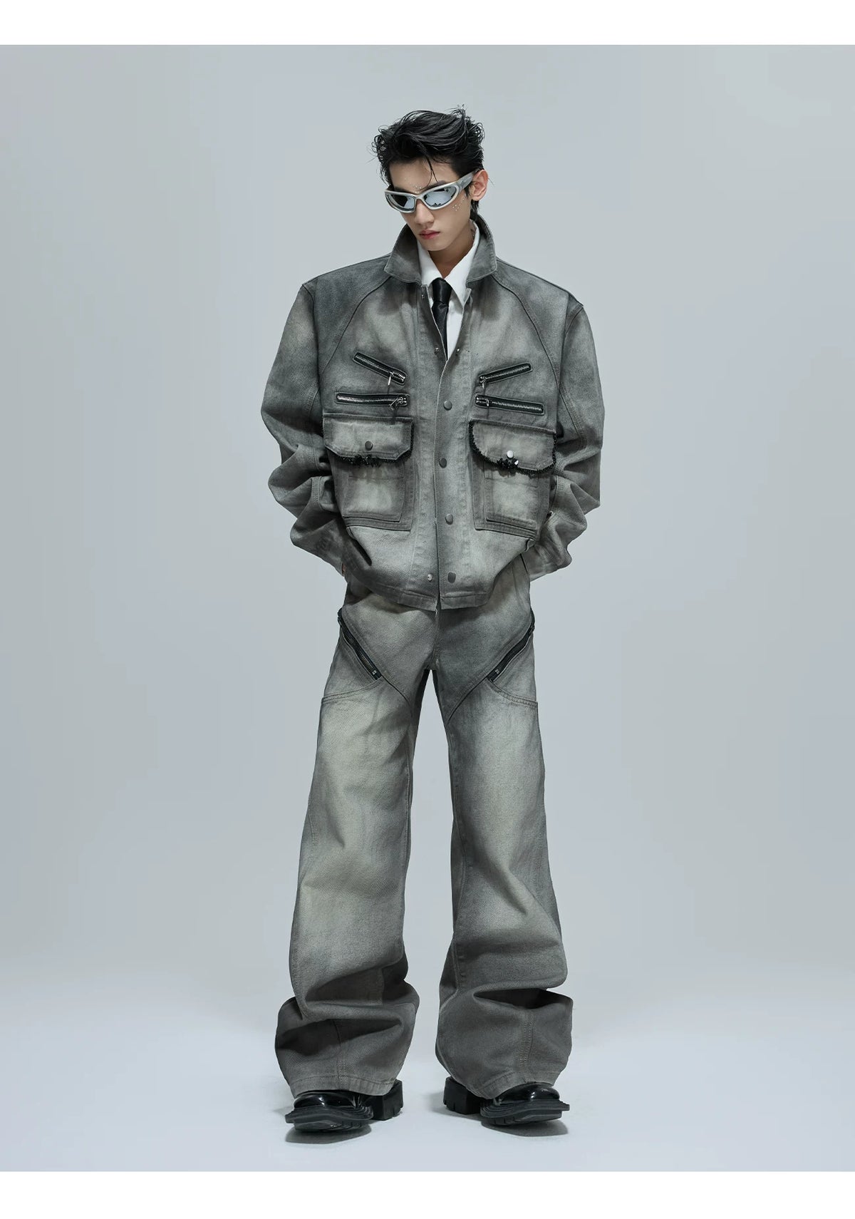 Cement Gray Denim Jacket & Flare Pants | Cotton - description image 8