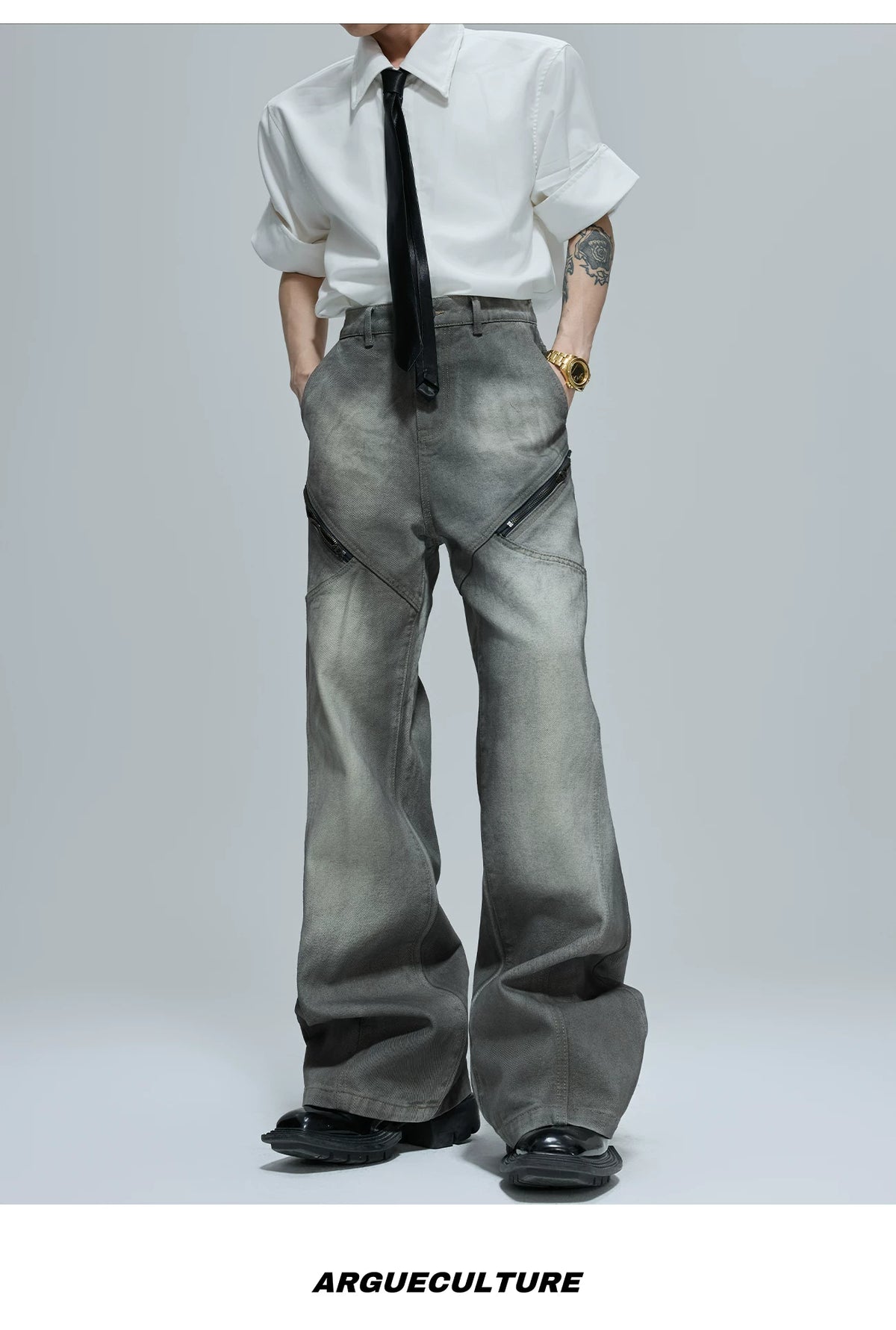 Cement Gray Denim Jacket & Flare Pants | Cotton - description image 10
