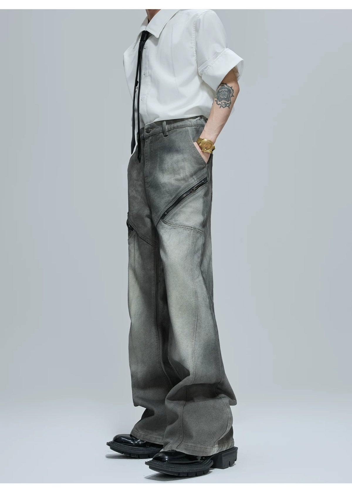 Cement Gray Denim Jacket & Flare Pants | Cotton - description image 11