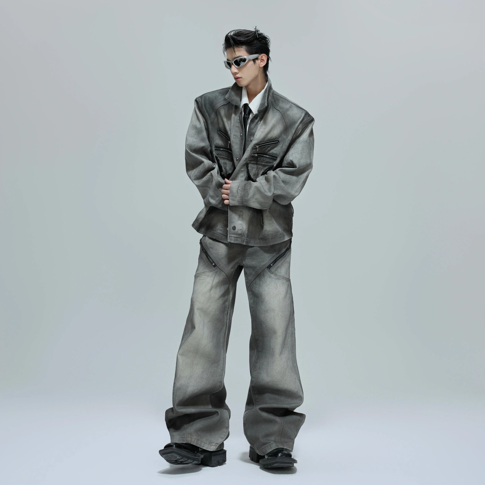 Cement Gray Denim Jacket & Flare Pants | Cotton - main image 2