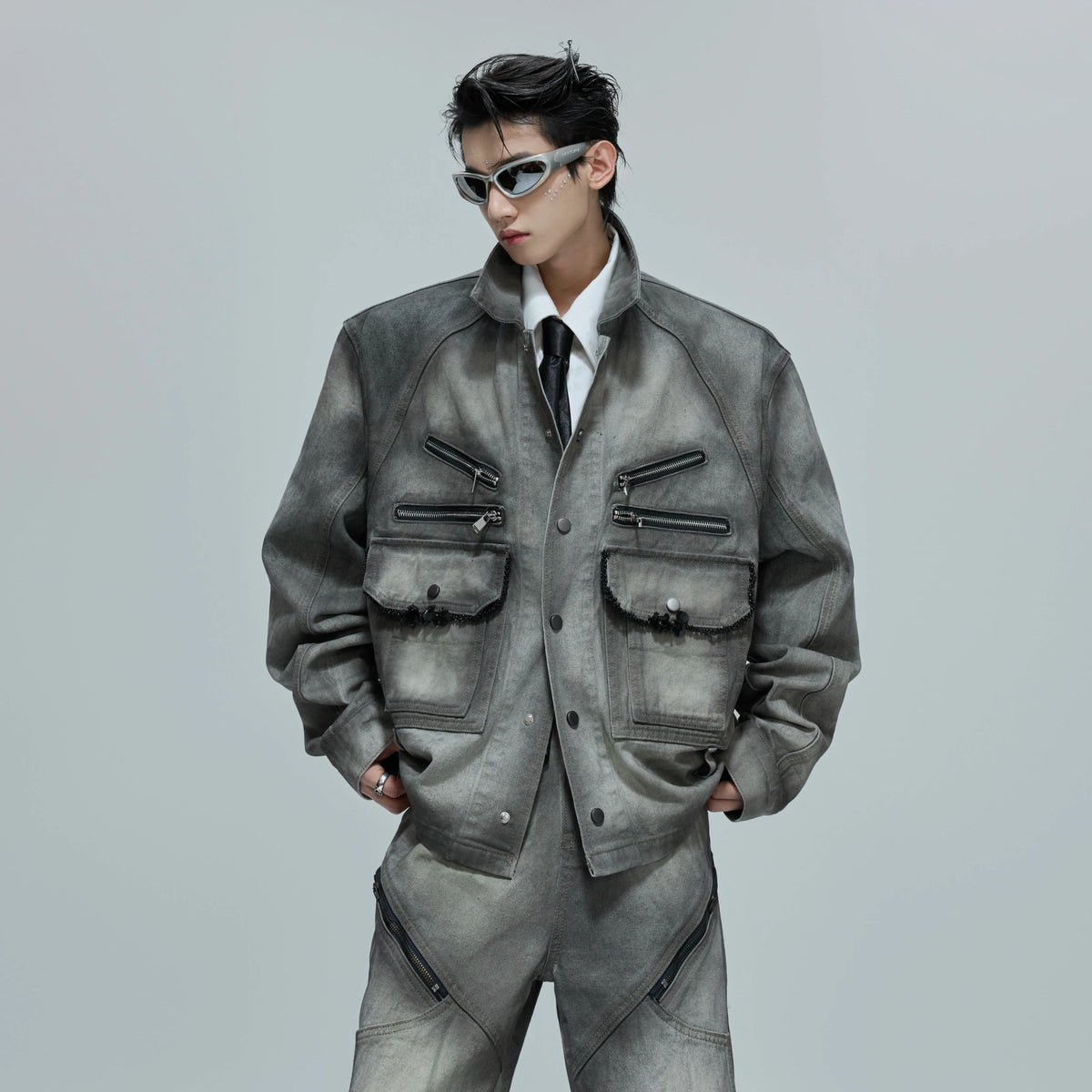 Cement Gray Denim Jacket & Flare Pants | Cotton - main image 3