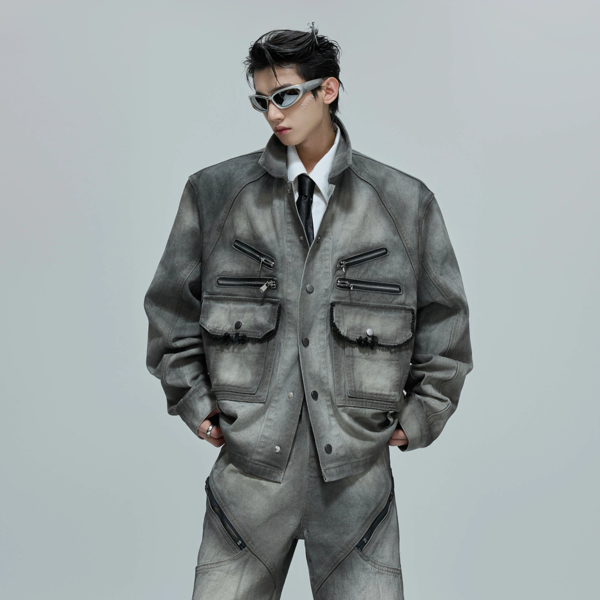 Cement Gray Denim Jacket & Flare Pants | Cotton - main image 3