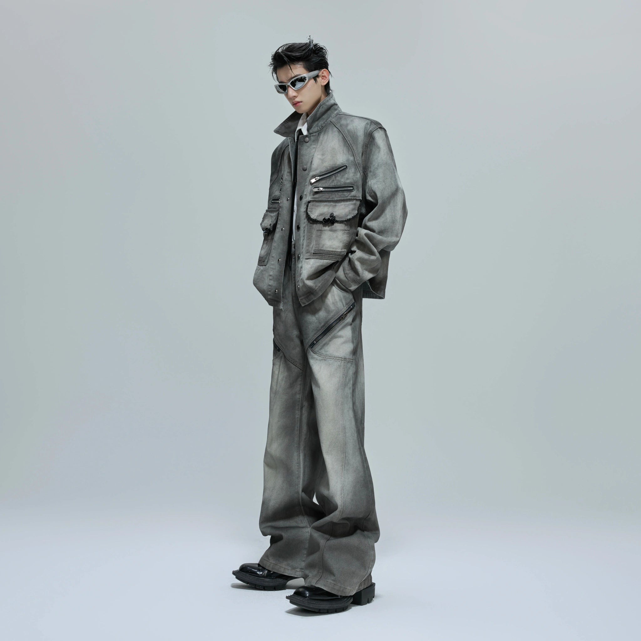 Cement Gray Denim Jacket & Flare Pants | Cotton - main image 4
